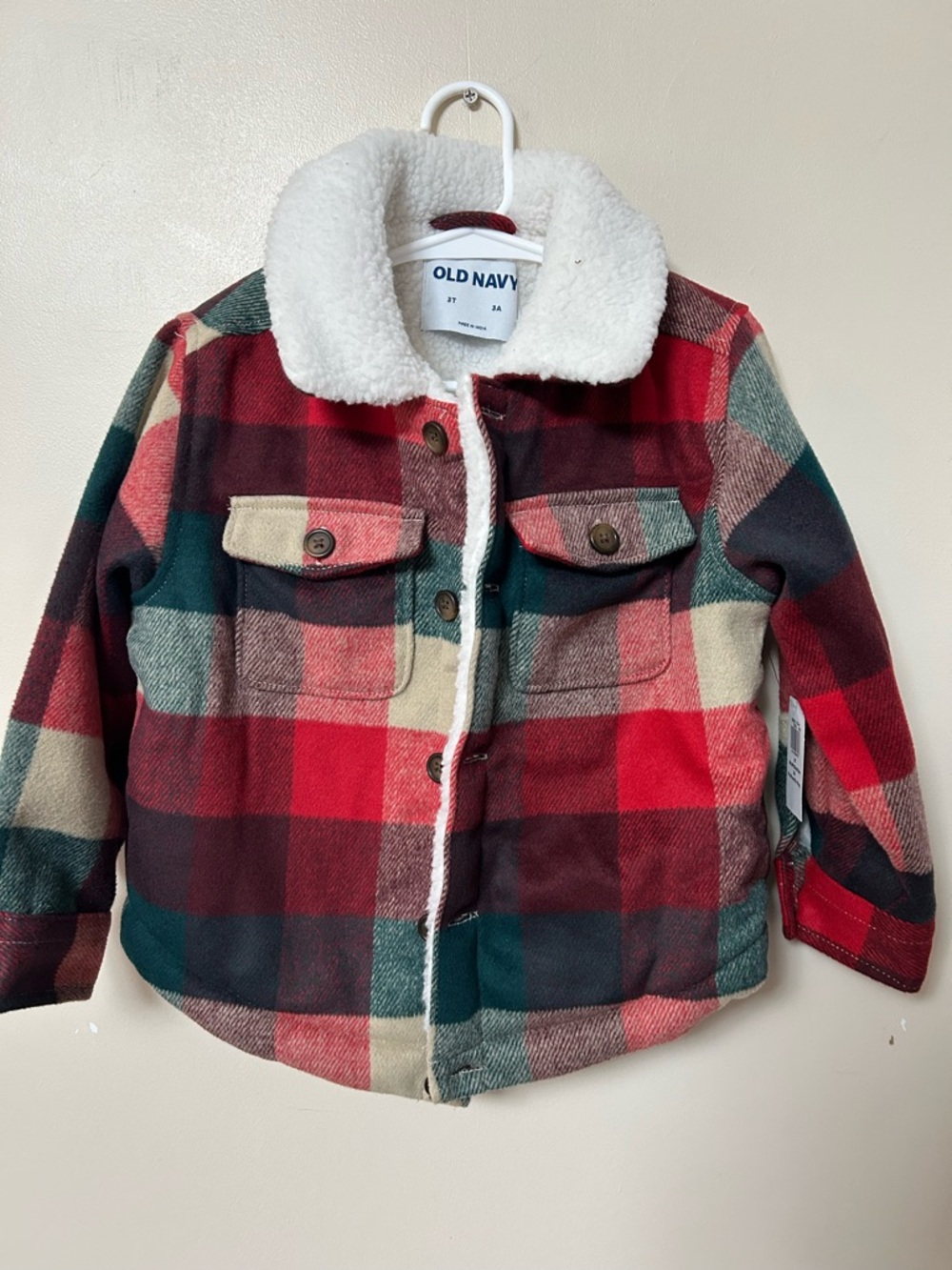 Old Navy Kids Plaid Sherpa-Lined Jean Jacket in Red, Green, Cream & Black